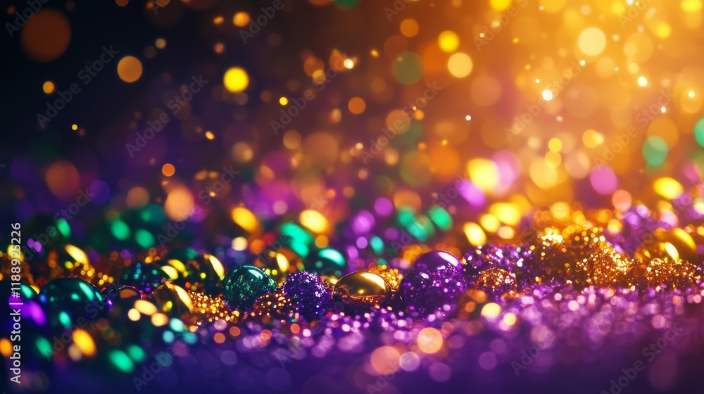 Poster vibrant and colorful background of glittering party decorations with sparkling orbs and bokeh effect