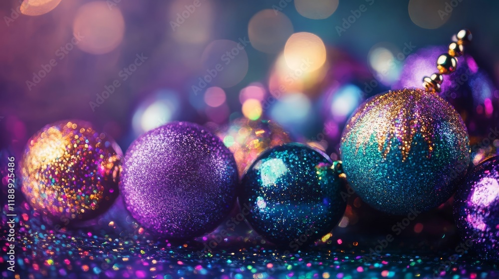 Poster vibrant close-up of shimmering christmas ornaments with reflections and bokeh background in shiny pu