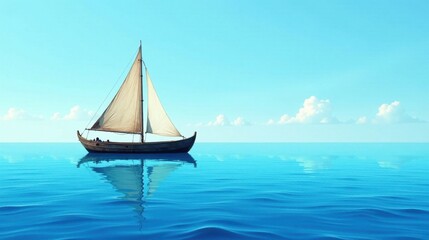 Fototapeta premium Serene Sailing Vessel on Tranquil Azure Waters Under a Light Blue Sky with Puffy Clouds