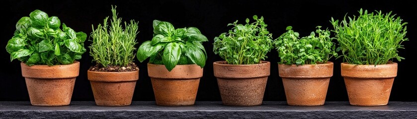 Naklejka premium Freshly Grown Herbs in Terracotta Pots on Dark Background for Culinary Inspiration and Gardening