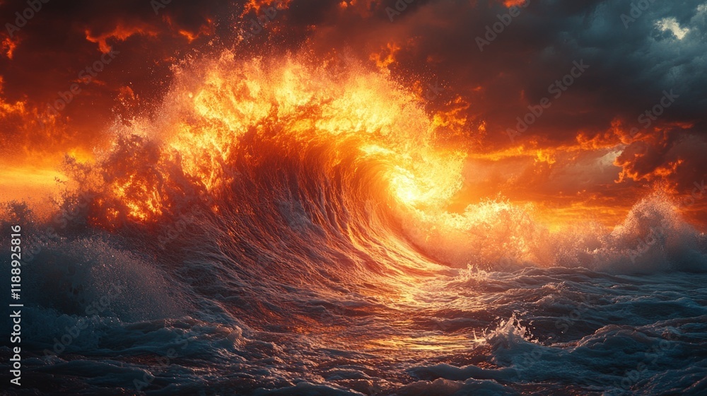 Wall mural Fiery sunset wave crashing ocean.