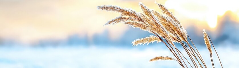 Fototapeta premium Golden Reeds Against a Soft Sunrise Over Frosty Landscape with a Dreamy Background