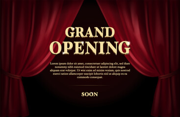 Red curtain with spotlight. Grand opening announcement witch golden text.