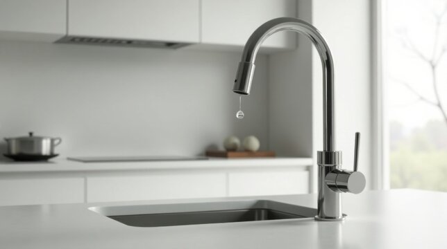 A single drop of water falls from a modern kitchen faucet, highlighting the sleek, metallic design in a minimalist setting.