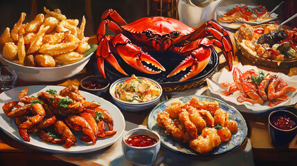 Oil painting depicting crispy fried crab claws and assorted fried seafood dishes. Seawood. Illustration