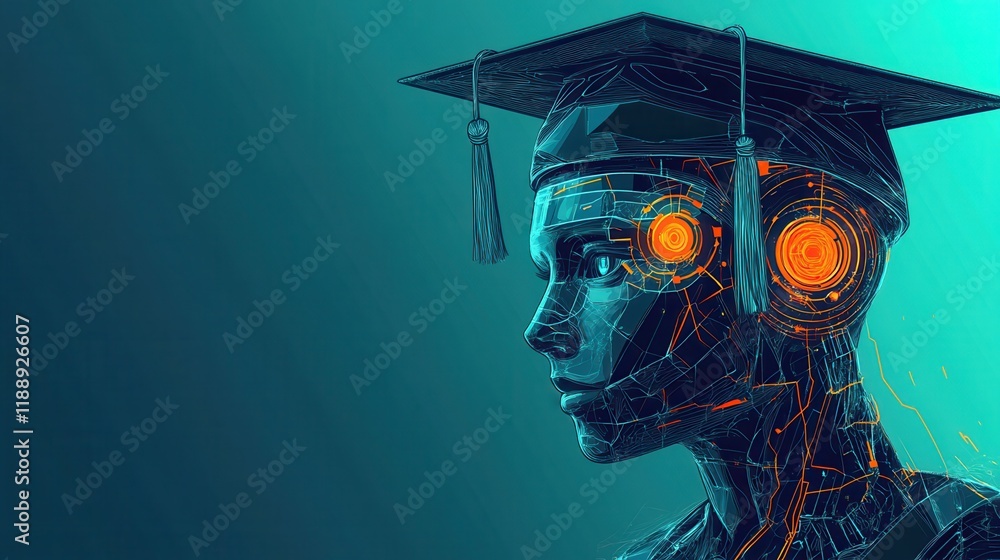 Poster ai robot wearing a graduate cap graduated from university, artificial intelligence is replacing and 