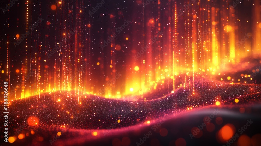Poster abstract shimmering light with golden and red particles creating a glowing space-like design