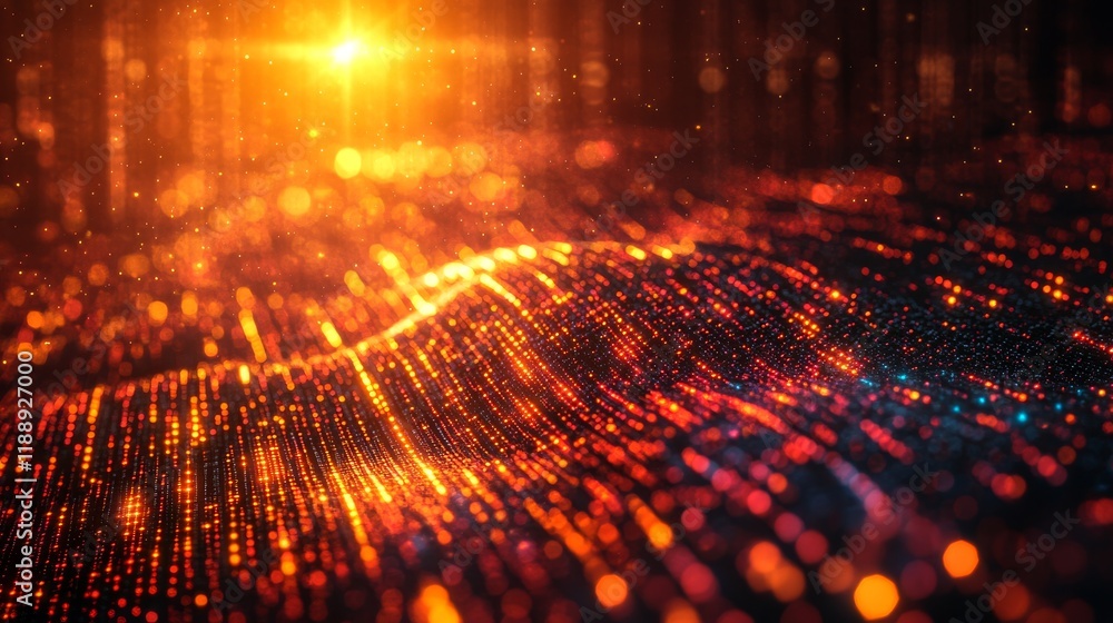 Poster abstract glowing particle wave with bright light, futuristic and energetic digital background
