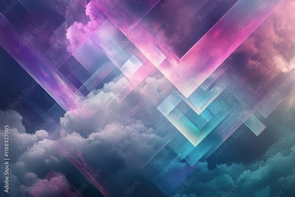 Poster captivating 3d abstract design with neon geometry and dynamic clouds against a nighttime backdrop, p
