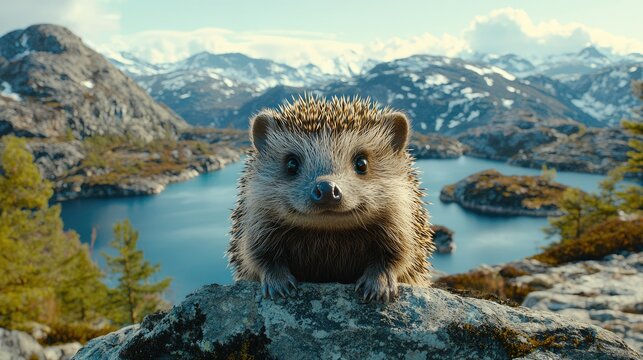 Adorable Hedgehog Perched on Mountain Rock Overlooking Lake