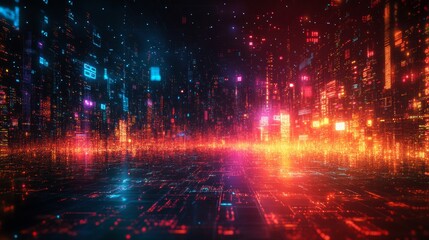 Abstract Glowing Cityscape with Data Streams and Digital Architecture in a Futuristic Technological World