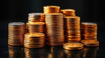 Luxurious stacks of gold coins stand tall against black background. Financial success, prosperity highlighted through opulence of coins. High value, rich abundance key themes. Image suggests