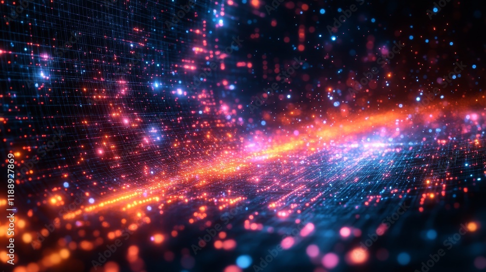 Poster abstract digital landscape featuring a dynamic grid of luminous red, orange, and blue particles crea