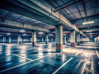 Fototapeta premium Surreal concrete lines and open architecture define this AI-generated digital art depicting an empty parking garage.