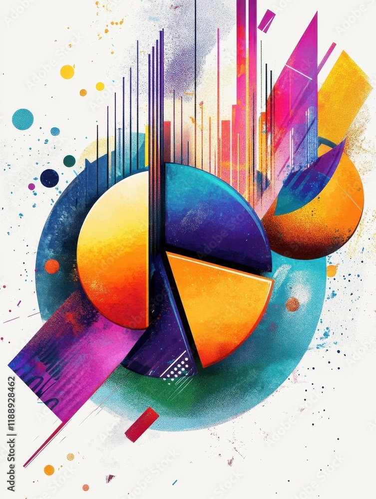 Poster vibrant abstract asset allocation, a dynamic blend of colorful pie charts and graphs illustrating st