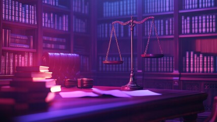 A courtroom setting with legal documents, scales of justice, and books