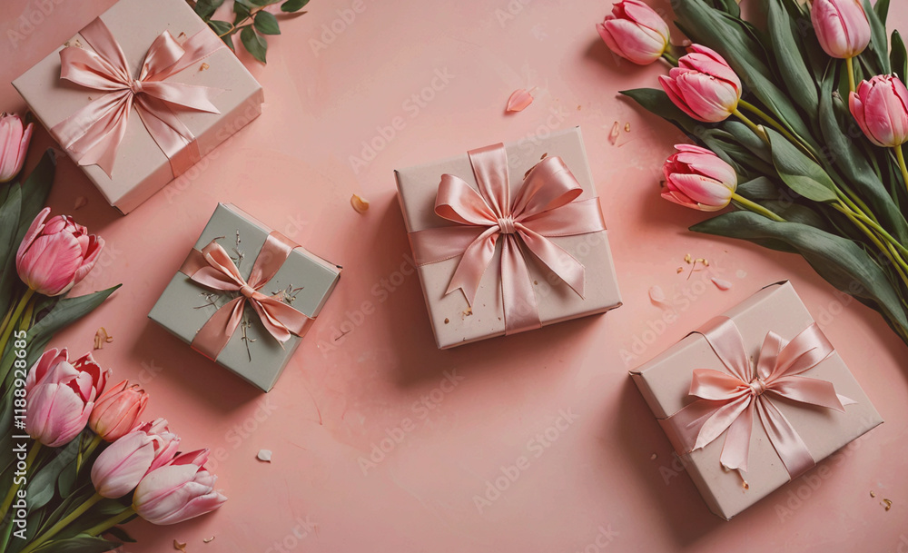 Poster row of pink boxes with bows on them. the boxes are arranged in a row and are placed on a pink backgr