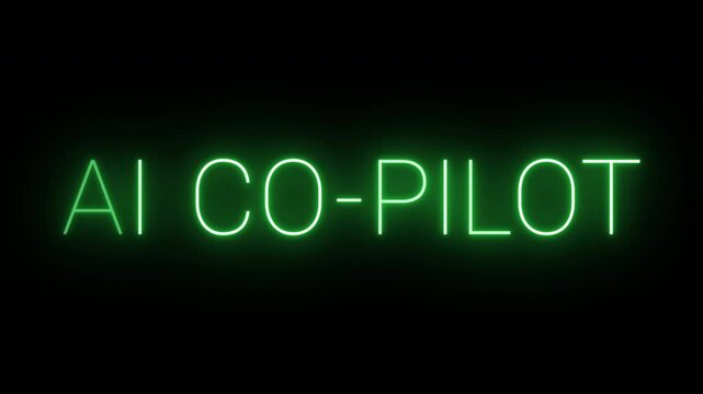 Flickering neon green glowing AI Co-pilot sign animated black background