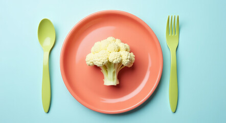 a piece of cauliflower on a pink plate on a blue background top view