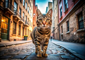Obraz premium Urban feline fun! Documentary photography showcases a playful striped cat's city life.