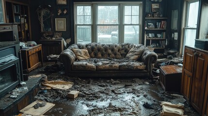 Flood-damaged living room with mud covering furniture and floor.