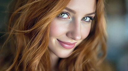 Fototapeta premium Close up portrait of woman with long wavy red hair and green eyes smiling subtly captivating and alluring