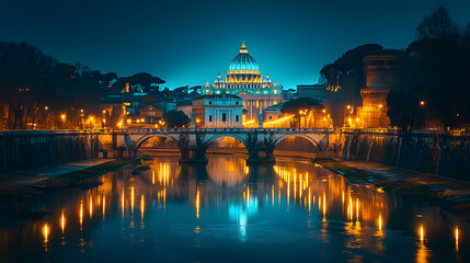 Fototapeta premium A night view of St. Peter's Basilica in Rome, Italy.