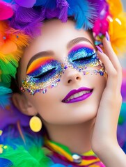 Obraz premium Vibrant Rainbow Makeup Fantasy - Fantasy makeup, colorful glitter, vibrant hues, festive feathers, joyful expression.
