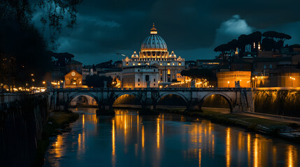 Fototapeta premium A night view of St. Peter's Basilica in Rome, Italy.