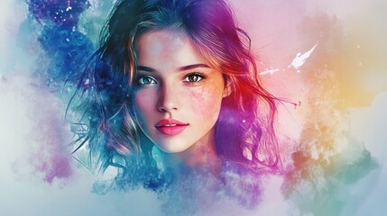 Fototapeta premium beautiful fantasy abstract portrait of a beautiful woman double exposure with a colorful digital paint splash or space nebula, generative ai illustration