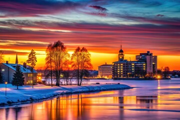 Fototapeta premium Winter's embrace: Gulf of Finland city lights silhouetted against the darkening sky.