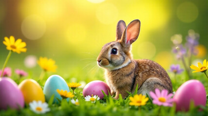 Easter bunny with colorful eggs in the meadow with flowers.