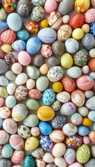Fototapeta premium Vibrant overhead view of colorful easter eggs showcasing unique designs and festive atmosphere