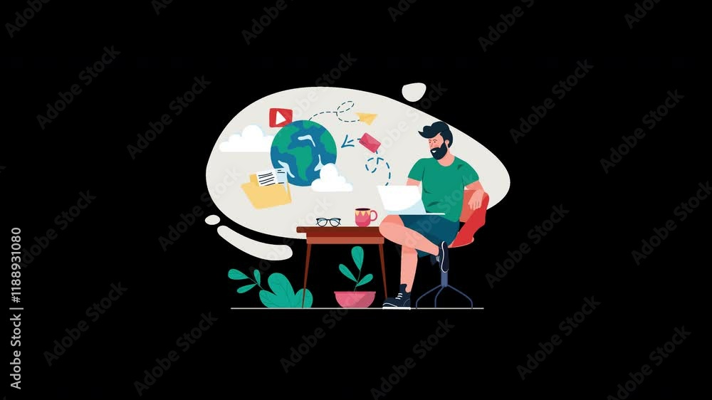 Poster a man working on a laptop at a desk with a globe and various digital icons, showcasing a digital wor