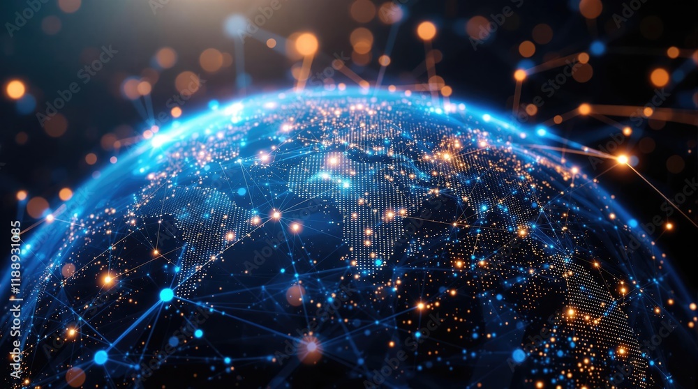 Aufkleber global network connection illuminated earth digital communication and interconnected world