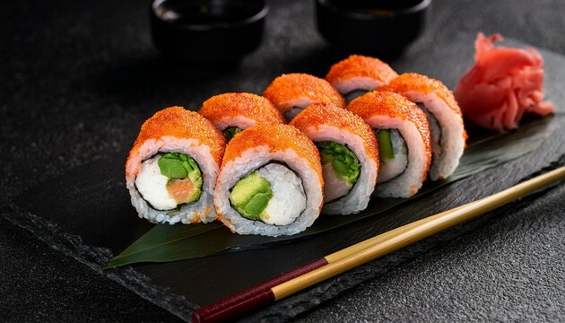sushi roll maki futo japanese food on a black stone plate sushi menu japanese food