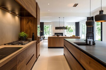 modern kitchen interior exemplifying minimal Scandinavian style, featuring luxurious finishes, a clean design, and a warm, inviting atmosphere