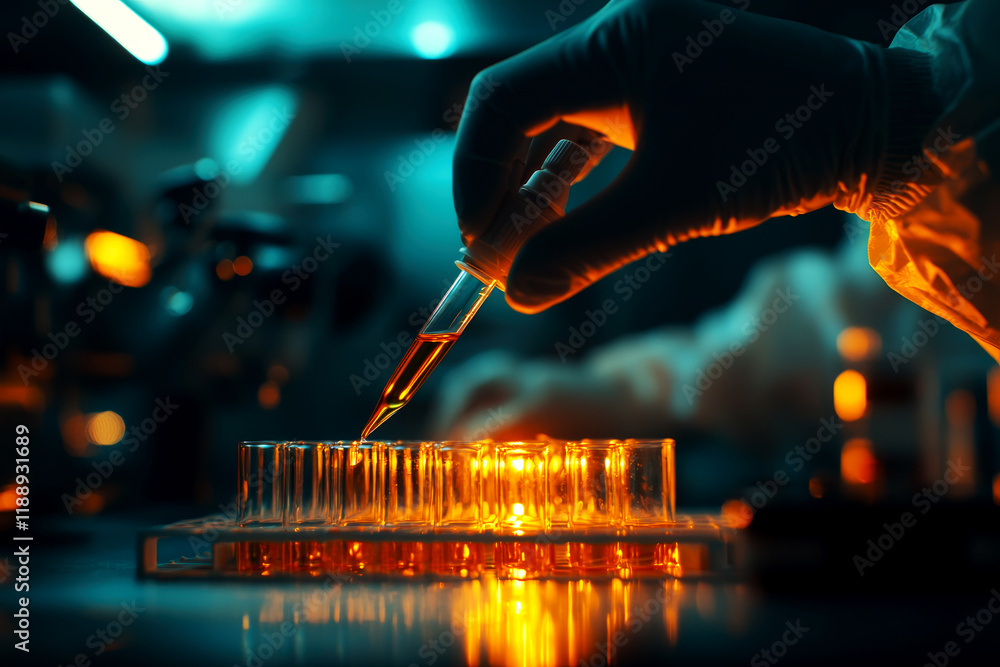 Aufkleber conducting experiments with test tubes in a laboratory scientific research setup illuminated environ