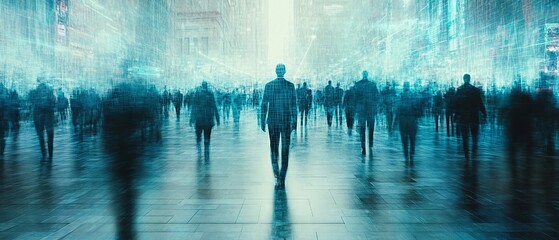 A solitary figure stands amidst bustling digital cityscape, surrounded by blurred silhouettes. atmosphere conveys sense of isolation and technology