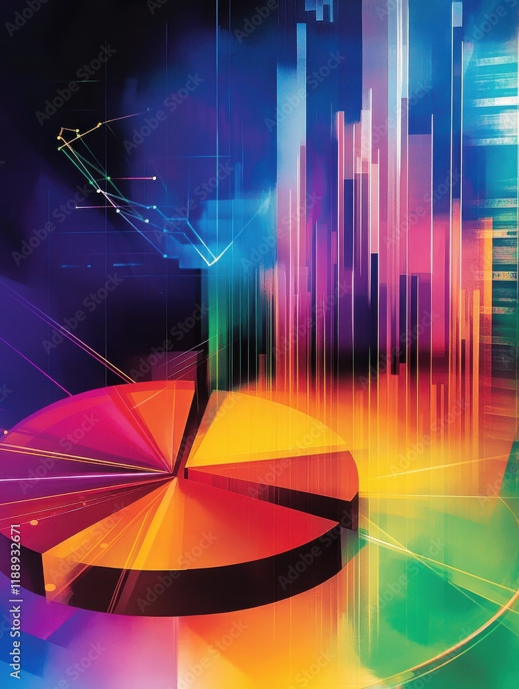 Poster vibrant abstract asset allocation, a dynamic blend of colorful pie charts and graphs illustrating st