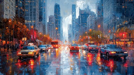 Rainy city street scene at night with traffic, lights, and reflections.