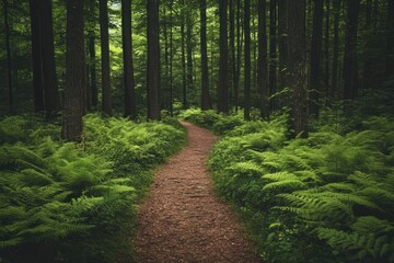 Forest path winds through lush green ferns and tall trees