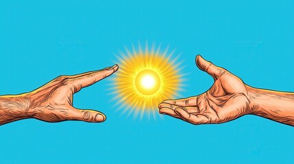Hands reaching for a glowing sun against a vibrant blue background. celebration of African American history concept