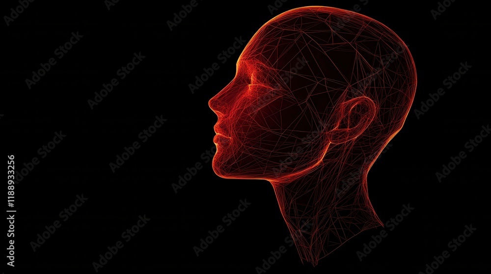 Poster abstract polygonal head outline on dark background with mock up place. ai and human mind concept. 3d