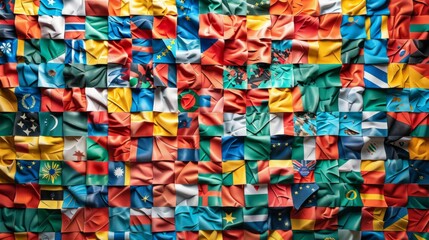 Multi-coloured flags neatly arranged in a grid, conveying the idea of global cooperation and world diversity. Great for presentations on international relations and cultural exchanges.
