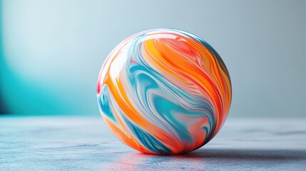 Fototapeta premium A vibrant, swirling marble ball with orange, blue, and white patterns resting on a smooth surface, set against a softly blurred background creating a playful and artistic atmosphere