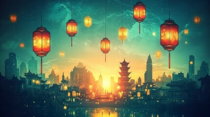 Obraz premium Serene Nightscape with Illuminated Lanterns Over a Tranquil River Surrounded by Majestic City Skyline and Ancient Architecture in a Dreamlike Atmosphere