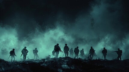 Fototapeta premium Silhouettes of soldiers against the background of a smoky battlefield. Suitable for military articles, historical research and patriotic publications.