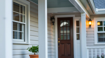 Fototapeta premium Charming House Exterior: White Siding, Brown Door, and a Welcoming Porch. Perfect for Real Estate Listings and Home Design Inspiration.