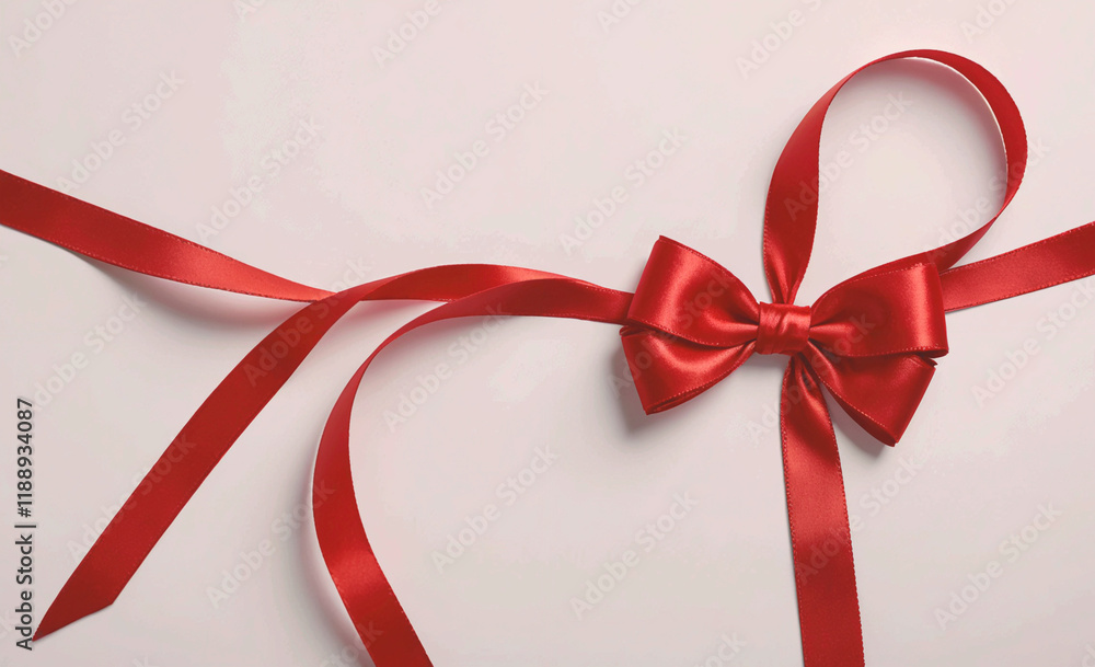 Poster long red ribbon with a bow is placed on a white background. the ribbon is elegantly draped and the b